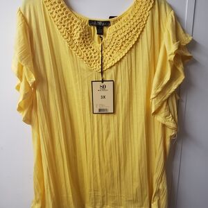 Yellow Blouse with Pleated Ruffled Sleeves and Bib Collar